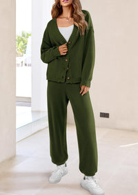 Loose Button Cardigan Casual Pants Solid Color Set
