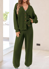 Loose Button Cardigan Casual Pants Solid Color Set