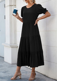 Casual Boho Floral Print Ruffle Puff Short Sleeve Flowy Beach Party Midi Dresses