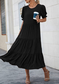 Casual Boho Floral Print Ruffle Puff Short Sleeve Flowy Beach Party Midi Dresses