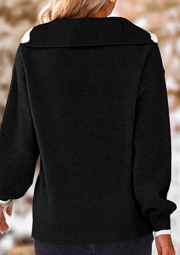Half Zip Pullover Casual V-Neck Long Sleeved Knitted Loose Pullover