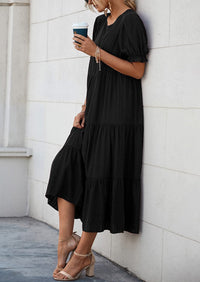 Casual Boho Floral Print Ruffle Puff Short Sleeve Flowy Beach Party Midi Dresses