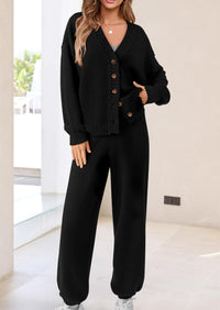 Loose Button Cardigan Casual Pants Solid Color Set