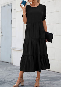 Casual Boho Floral Print Ruffle Puff Short Sleeve Flowy Beach Party Midi Dresses