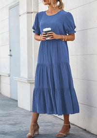 Casual Boho Floral Print Ruffle Puff Short Sleeve Flowy Beach Party Midi Dresses