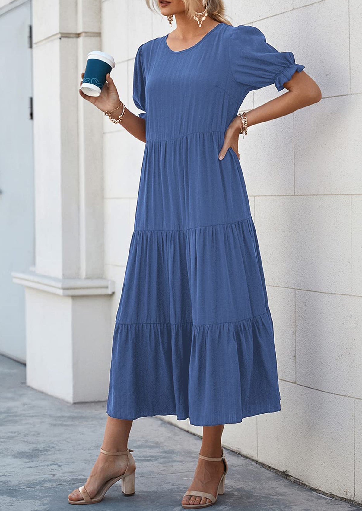 Casual Boho Floral Print Ruffle Puff Short Sleeve Flowy Beach Party Midi Dresses