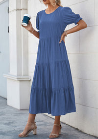 Casual Boho Floral Print Ruffle Puff Short Sleeve Flowy Beach Party Midi Dresses