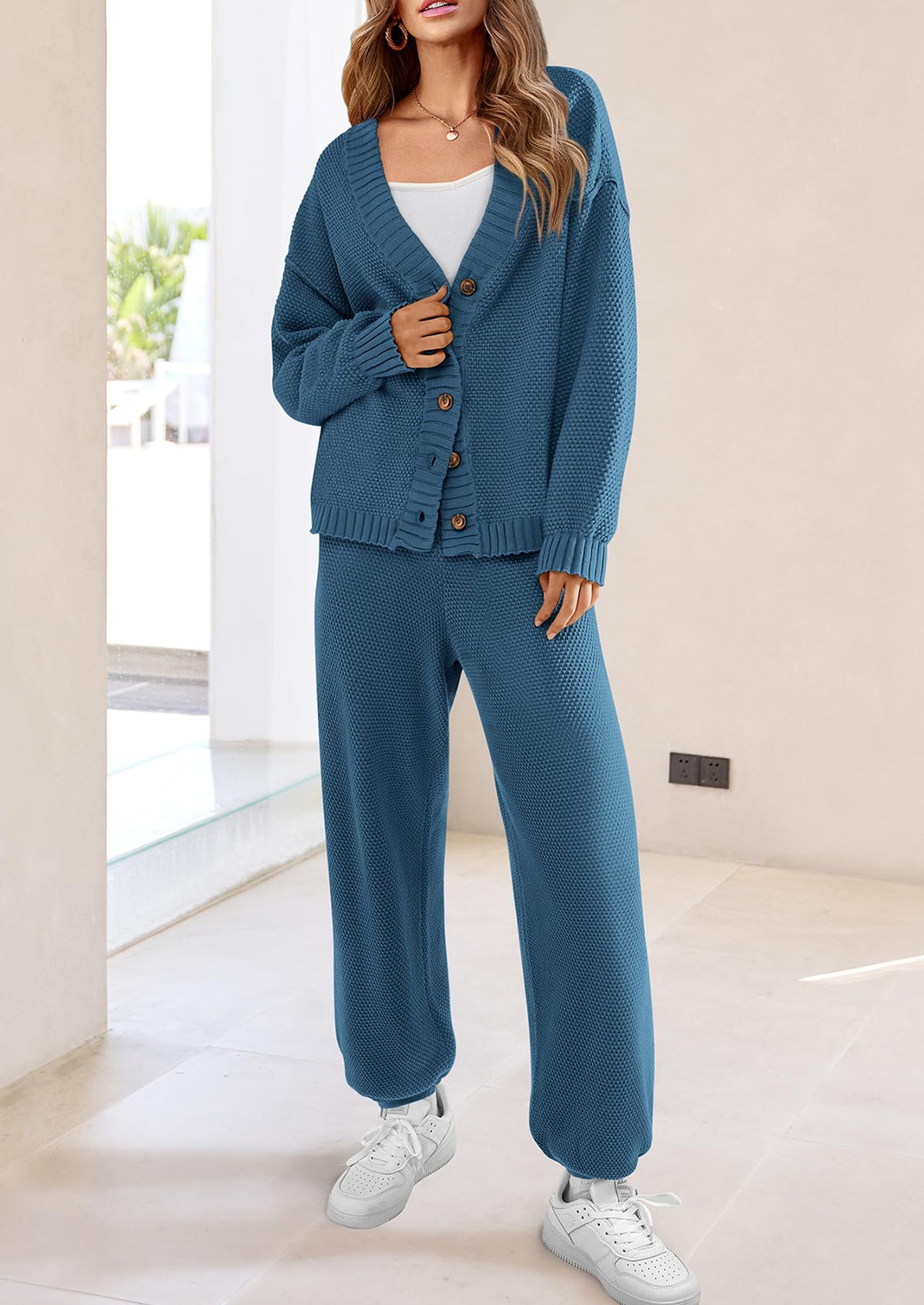 Loose Button Cardigan Casual Pants Solid Color Set