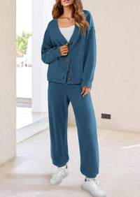 Loose Button Cardigan Casual Pants Solid Color Set