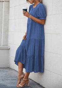 Casual Boho Floral Print Ruffle Puff Short Sleeve Flowy Beach Party Midi Dresses