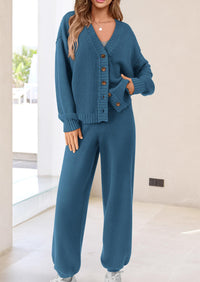Loose Button Cardigan Casual Pants Solid Color Set