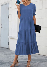 Casual Boho Floral Print Ruffle Puff Short Sleeve Flowy Beach Party Midi Dresses