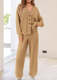 Loose Button Cardigan Casual Pants Solid Color Set