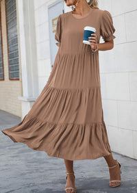 Casual Boho Floral Print Ruffle Puff Short Sleeve Flowy Beach Party Midi Dresses