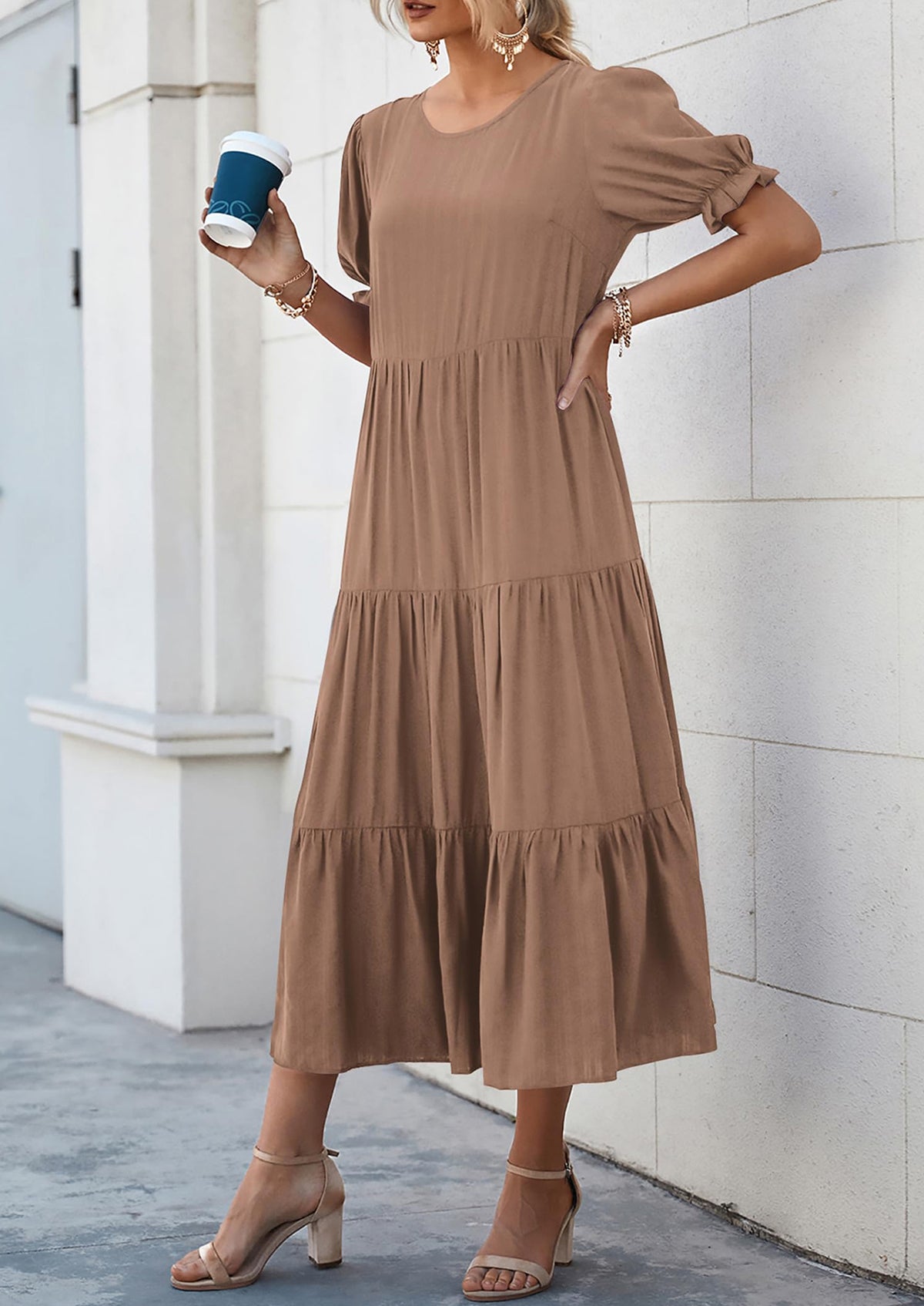 Casual Boho Floral Print Ruffle Puff Short Sleeve Flowy Beach Party Midi Dresses