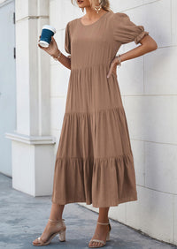 Casual Boho Floral Print Ruffle Puff Short Sleeve Flowy Beach Party Midi Dresses