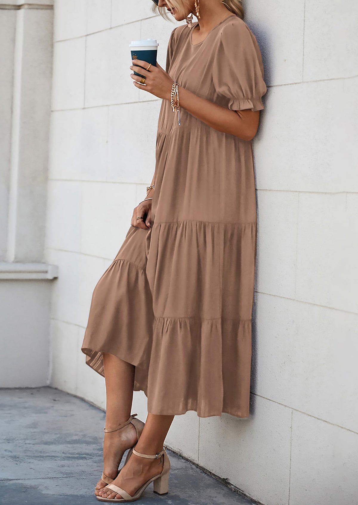 Casual Boho Floral Print Ruffle Puff Short Sleeve Flowy Beach Party Midi Dresses