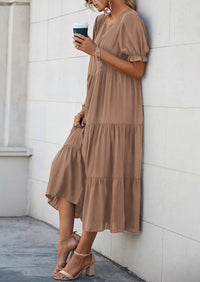 Casual Boho Floral Print Ruffle Puff Short Sleeve Flowy Beach Party Midi Dresses