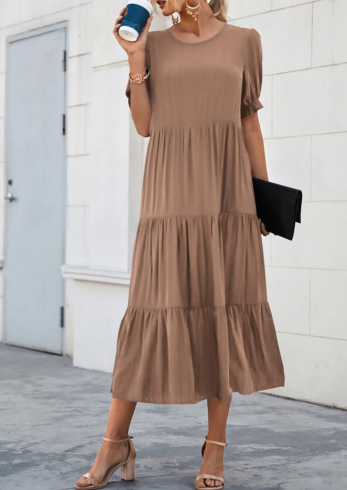 Casual Boho Floral Print Ruffle Puff Short Sleeve Flowy Beach Party Midi Dresses