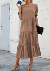 Casual Boho Floral Print Ruffle Puff Short Sleeve Flowy Beach Party Midi Dresses