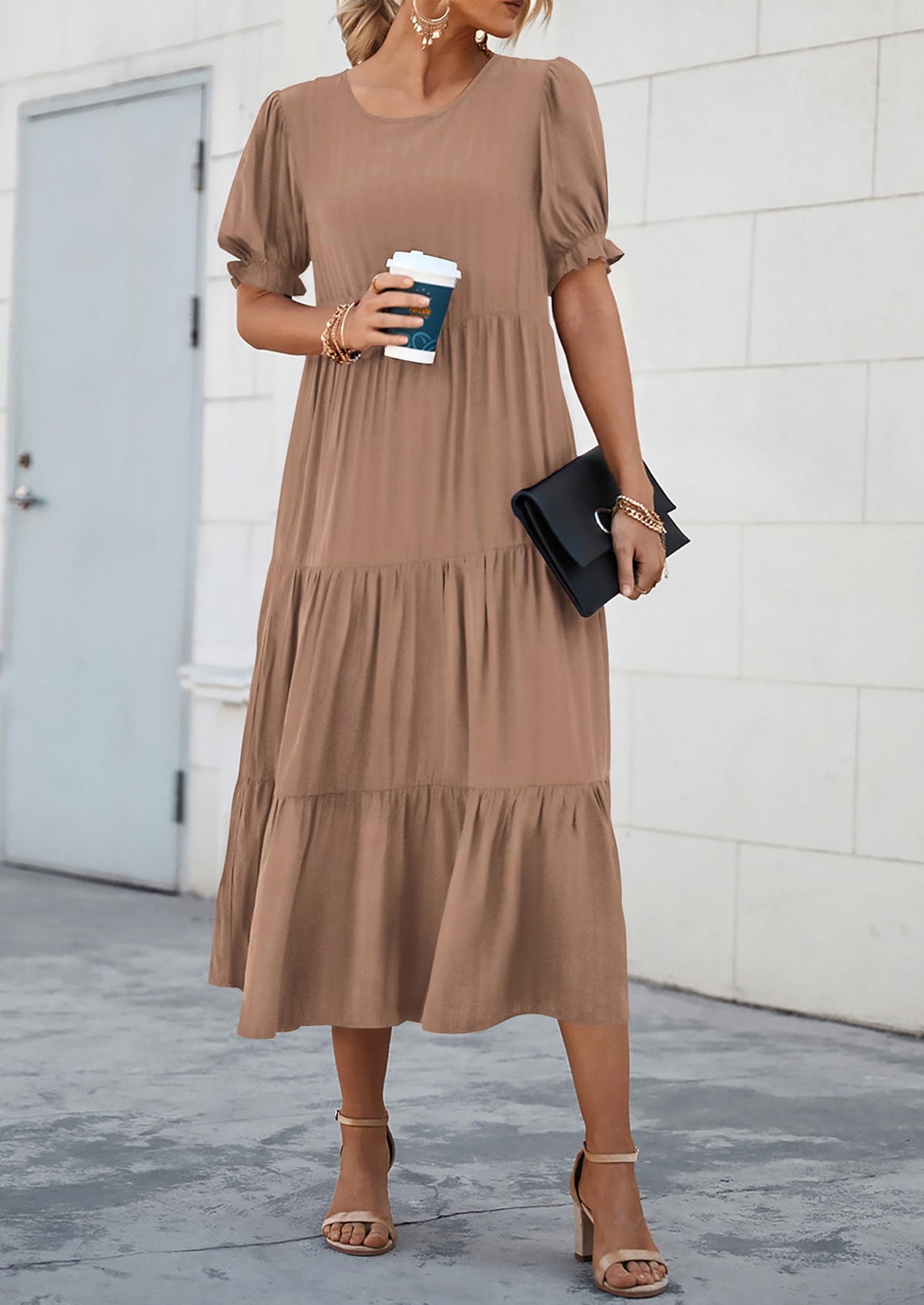 Casual Boho Floral Print Ruffle Puff Short Sleeve Flowy Beach Party Midi Dresses