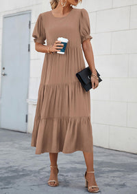 Casual Boho Floral Print Ruffle Puff Short Sleeve Flowy Beach Party Midi Dresses