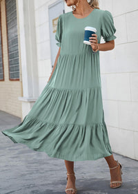 Casual Boho Floral Print Ruffle Puff Short Sleeve Flowy Beach Party Midi Dresses