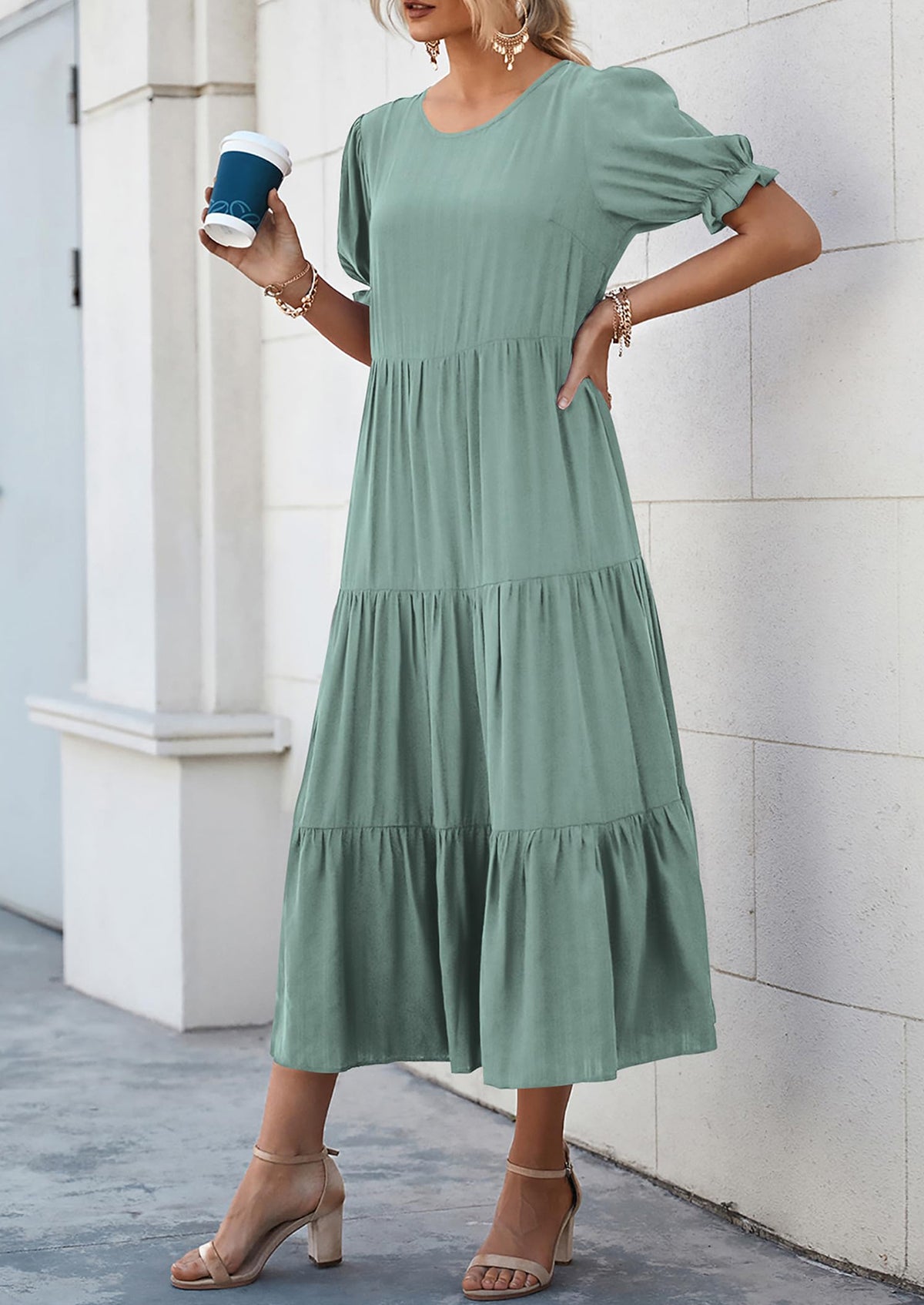 Casual Boho Floral Print Ruffle Puff Short Sleeve Flowy Beach Party Midi Dresses
