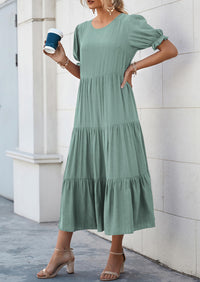 Casual Boho Floral Print Ruffle Puff Short Sleeve Flowy Beach Party Midi Dresses