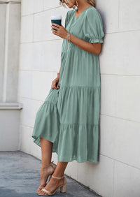 Casual Boho Floral Print Ruffle Puff Short Sleeve Flowy Beach Party Midi Dresses