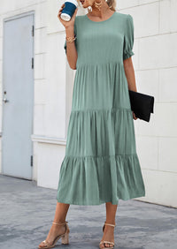Casual Boho Floral Print Ruffle Puff Short Sleeve Flowy Beach Party Midi Dresses