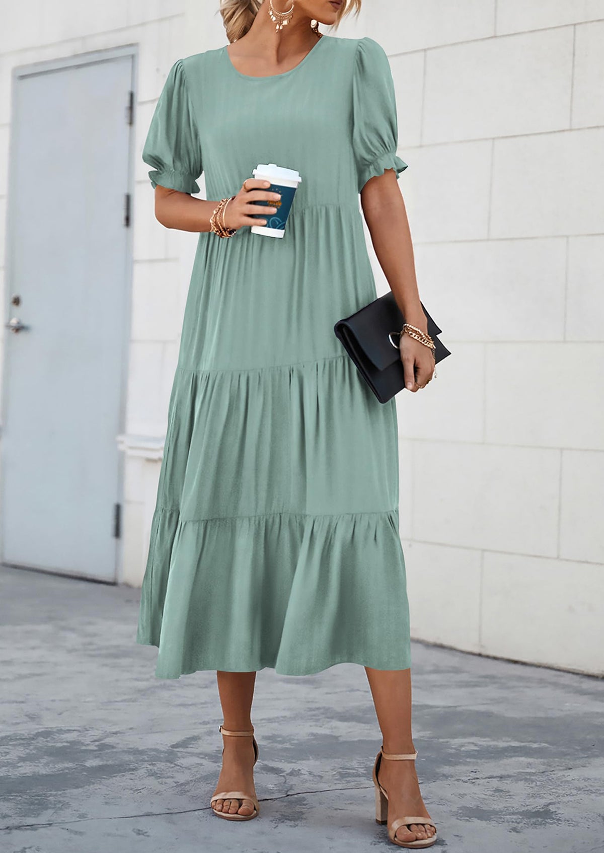Casual Boho Floral Print Ruffle Puff Short Sleeve Flowy Beach Party Midi Dresses