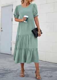 Casual Boho Floral Print Ruffle Puff Short Sleeve Flowy Beach Party Midi Dresses