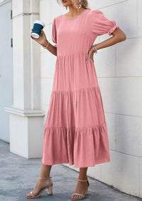 Casual Boho Floral Print Ruffle Puff Short Sleeve Flowy Beach Party Midi Dresses