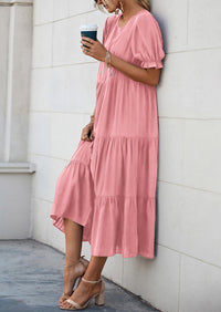 Casual Boho Floral Print Ruffle Puff Short Sleeve Flowy Beach Party Midi Dresses