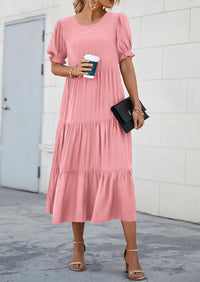 Casual Boho Floral Print Ruffle Puff Short Sleeve Flowy Beach Party Midi Dresses