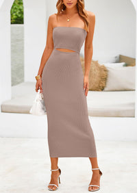 Summer Strapless Cut Out Knit Tube Long Fitted Midi Bodycon Dresses
