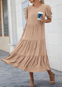 Casual Boho Floral Print Ruffle Puff Short Sleeve Flowy Beach Party Midi Dresses