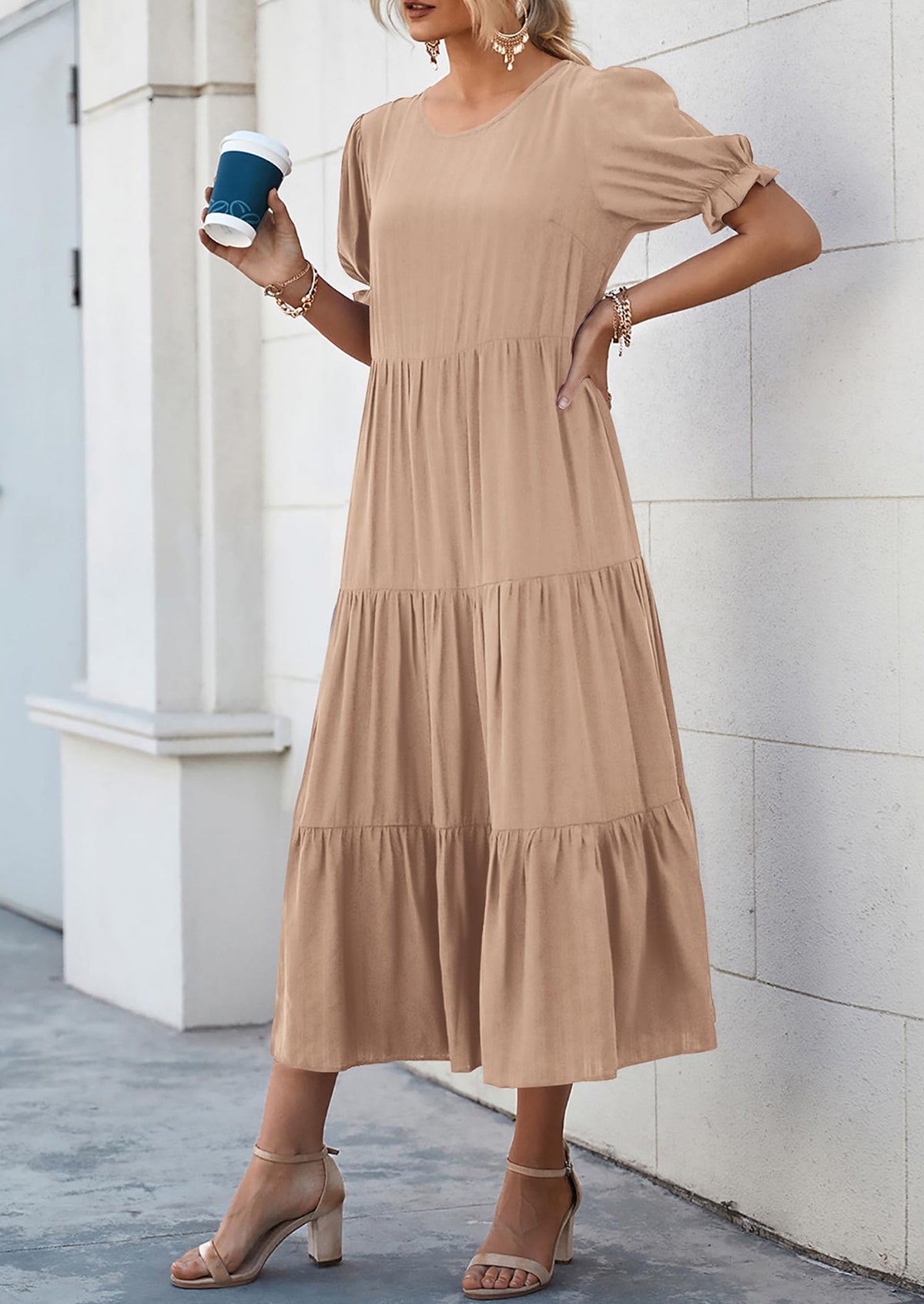 Casual Boho Floral Print Ruffle Puff Short Sleeve Flowy Beach Party Midi Dresses