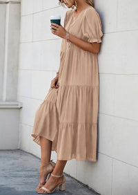 Casual Boho Floral Print Ruffle Puff Short Sleeve Flowy Beach Party Midi Dresses