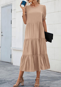 Casual Boho Floral Print Ruffle Puff Short Sleeve Flowy Beach Party Midi Dresses