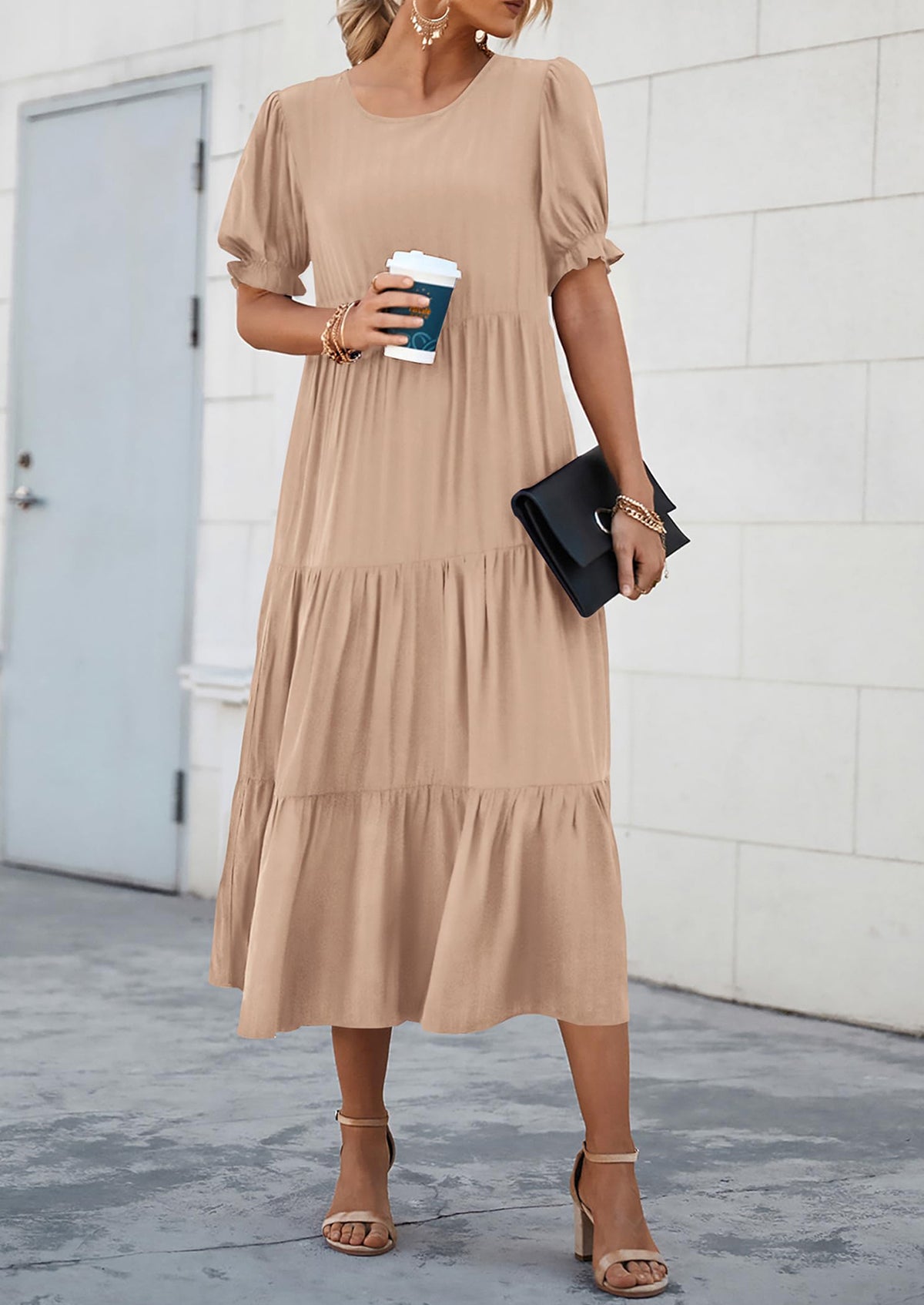 Casual Boho Floral Print Ruffle Puff Short Sleeve Flowy Beach Party Midi Dresses