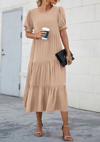 Casual Boho Floral Print Ruffle Puff Short Sleeve Flowy Beach Party Midi Dresses