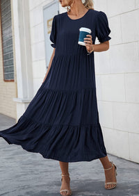 Casual Boho Floral Print Ruffle Puff Short Sleeve Flowy Beach Party Midi Dresses