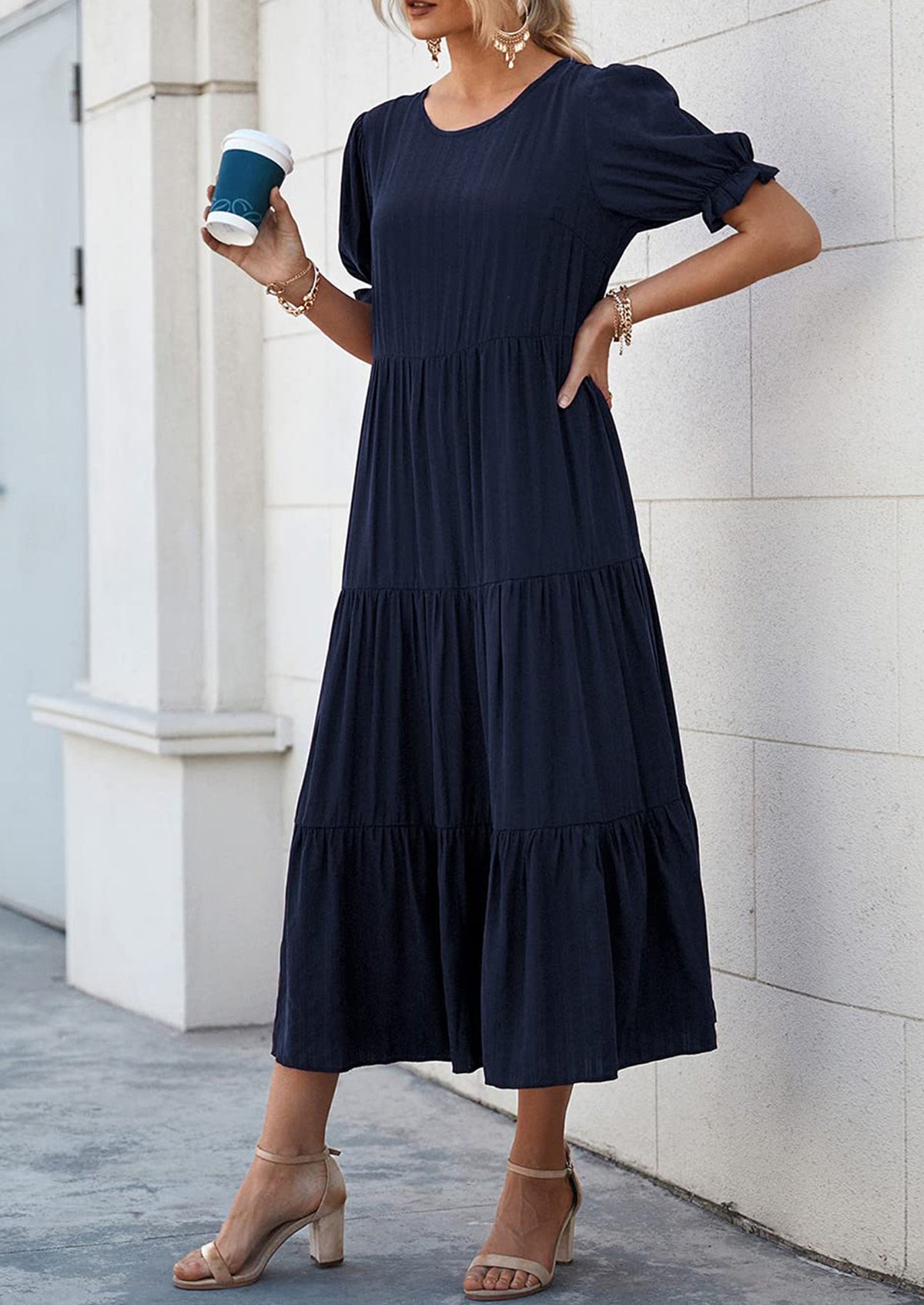 Casual Boho Floral Print Ruffle Puff Short Sleeve Flowy Beach Party Midi Dresses
