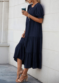 Casual Boho Floral Print Ruffle Puff Short Sleeve Flowy Beach Party Midi Dresses