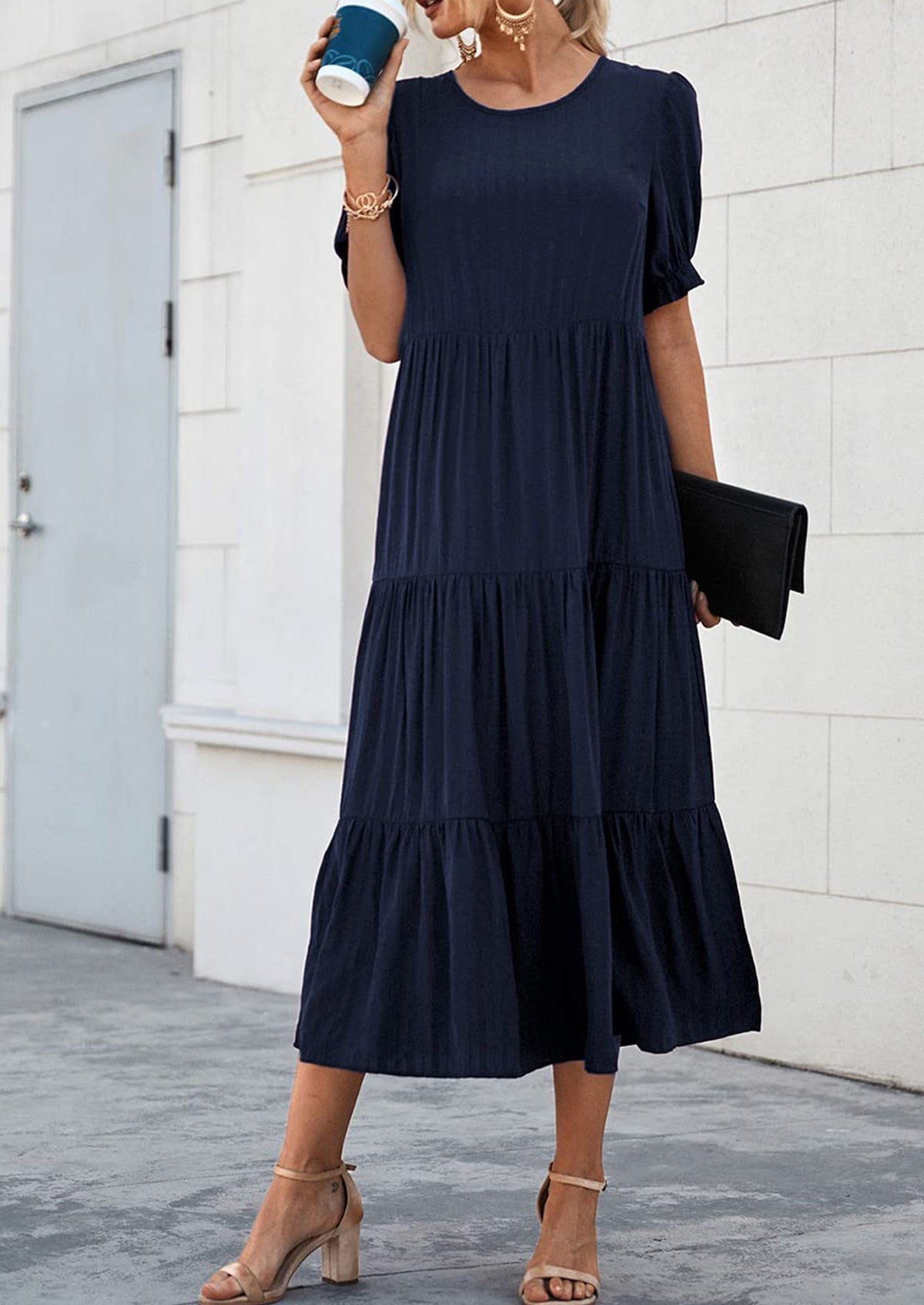 Casual Boho Floral Print Ruffle Puff Short Sleeve Flowy Beach Party Midi Dresses