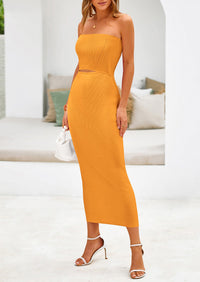 Summer Strapless Cut Out Knit Tube Long Fitted Midi Bodycon Dresses