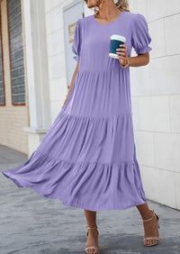 Casual Boho Floral Print Ruffle Puff Short Sleeve Flowy Beach Party Midi Dresses