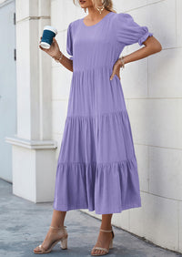 Casual Boho Floral Print Ruffle Puff Short Sleeve Flowy Beach Party Midi Dresses